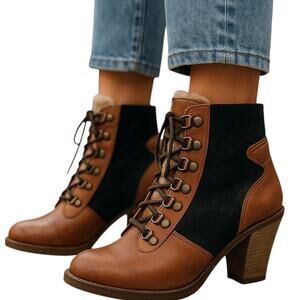 Sam Edelman Tara Tan Leather Black Lace Up Faux‎ Fur Lined Heeled Boots Size 7.5